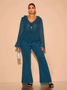 SHEIN BAE Plus Size Fall Elegant Sweet Sexy Women Blue Chiffon Ruffles Decoration Fit Long Sleeve Top Shirt Daily Wear See-Through