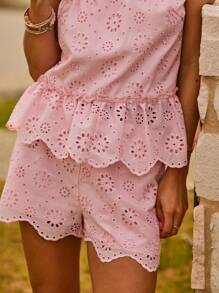 Aralina Vacation Broderie Anglaise Peplum Drawstring Waist Summer Two Pieces Set - Pink - View 6