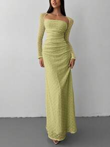 Aloruh 全新优雅方领提花针织女式连衣裙 - 綠色 - 查看 3