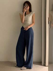 DAZY 女式加大码宽松阔腿长牛仔裤 - 深色水洗藍 - 查看 3