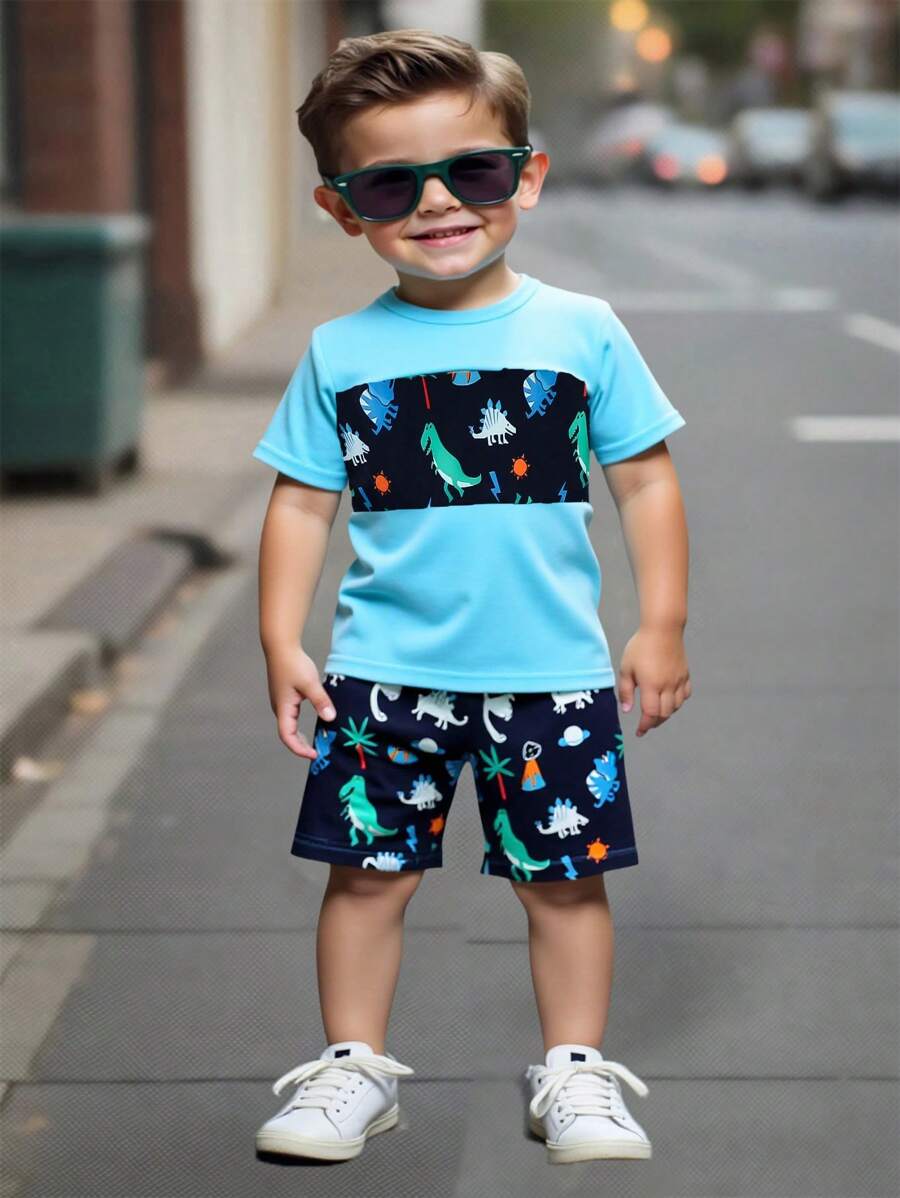 SHEIN 男童卡通恐龍印花短袖t恤和短褲2件套裝 - 彩色 - 查看 1