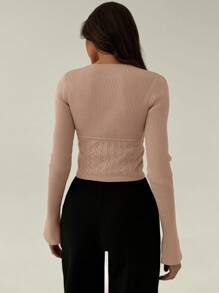 Aloruh Women Casual Solid Color Texture Patchwork Spring Sweater - Khaki - View 2