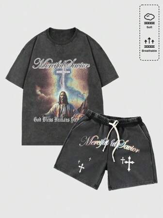Gothic Vintage Jesus Men's Washed Print T-Shirt & Shorts Set, Halloween