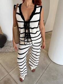 SHEIN Frenchy 2pcs Plus Size Women Set: Sleeveless V-Neck Tied Striped Top + Pants - Black and White - View 6