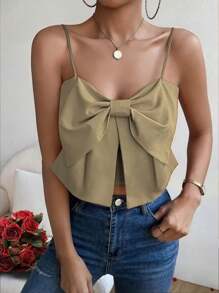 Chiquease Sexy Elegant Date Bow Decor Front Solid Color Cropped Camisole, Summer - Khaki - View 4