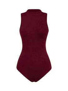 INAWLY Women's Casual Solid Color Stand Collar Bodysuit - Burgundy - View 3