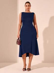 SHEIN BAE Plus Size Women's Simple Solid Color Sleeveless Daily Dress, Suitable For Valentine's Day, Summer, Birthday, Formal Events, Parties, Minimalist Style - Navy Blue - View 3