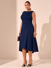 SHEIN BAE Plus Size Women's Simple Solid Color Sleeveless Daily Dress, Suitable For Valentine's Day, Summer, Birthday, Formal Events, Parties, Minimalist Style - Navy Blue - View 5
