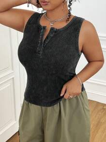 SHEIN EZwear Plus Size Vintage Washed Casual Everyday Button Neck Fitted Camisole Tank Top, Spring/Summer - Black - View 3