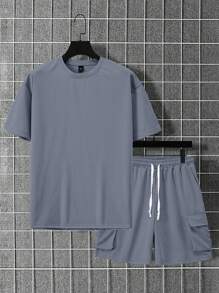 Manfinity Homme Set de 2 piezas de camiseta de manga corta de unicolor y pantalones cortos de trabajo para hombre