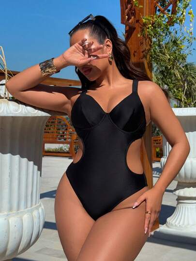 SHEIN Swim Women's Solid Color Soft Push Up Hollow Shoulder Strap Beach Vacation Swimsuit For Summer