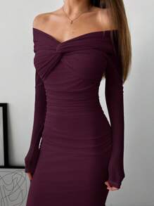 Aloruh 浪漫露肩网眼扭褶修身长袖女式连衣裙 - 紫羅蘭色 - 查看 4