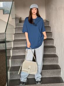 DAZY 夏季短袖超大T恤，带字母印花，学院风上衣