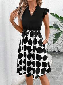 SHEIN Clasi 女士优雅圆点拼接 V 领盖袖短款 A 字裙 - 黑與白 - 查看 3