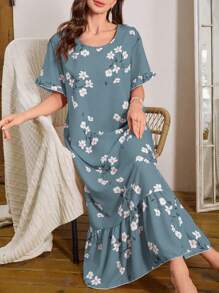 Serenescape 泡泡荷叶边下摆花卉印花长款睡袍，Moo Moo