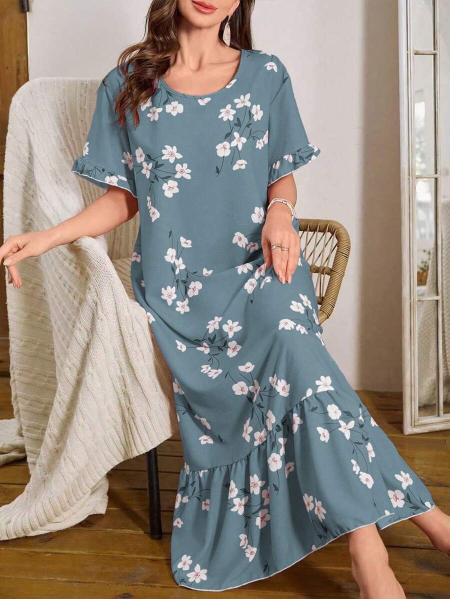 Serenescape 泡泡荷叶边下摆花卉印花长款睡袍，Moo Moo