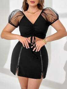 SHEIN Essnce 女性加大碼純色簡約日常穿搭網紗上衣 - 黑色 - 查看 1