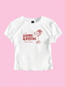 Women's Y2K Crop Top T-Shirt, White Martini Cocktail Short Sleeves - White - View 3