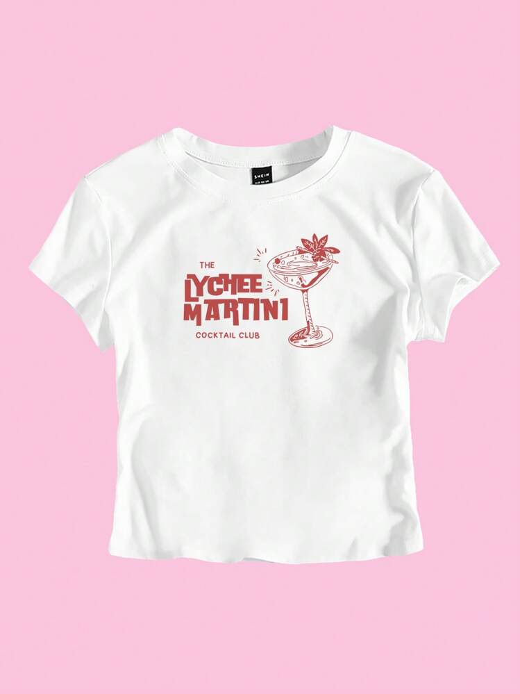 Women's Y2K Crop Top T-Shirt, White Martini Cocktail Short Sleeves - White - View 3