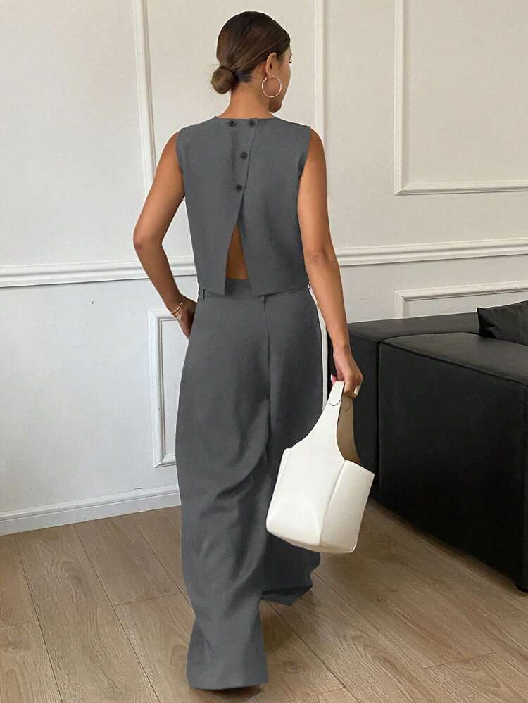 Women's Solid Color Round Neck Back Split Cropped Tank Top And Wide Leg Pants 2 Pieces Set, Elegant Summer