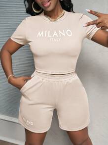 Slaydiva 新款休闲简约基本款春夏圆领短袖米兰短款T恤+四分裤运动裤蓝色纹理面料女款两件套A款夏季套装 - 杏色 - 查看 7