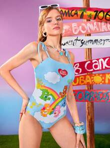 SHEIN X Care Bears 1-Piece Summer Blue Cute Colorful Bow Suspenders Rainbow Bear Print Pattern One-Piece Swimsuit - Blue - View 4
