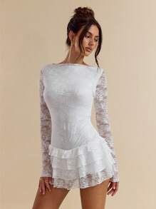 SHEIN BAE 勃艮第纯色优雅女士长袖花卉蕾丝边迷你连衣裙，适合约会之夜、俱乐部、生日派对、情人节 - 白色 - 查看 6