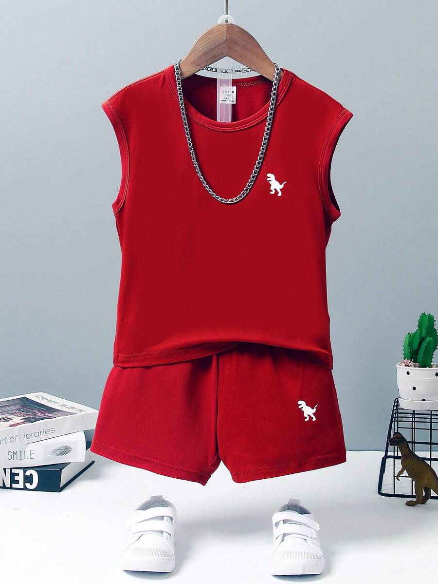 SHEIN Streecool Kids Young Boy Summer Cute Printed Sleeveless Sports Top And Athletic Shorts Set With Round Neck Summer Holiday - Burgundy - View 1