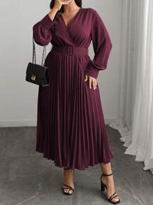 Elenzga Plus Size Women's V-Neck Solid Color A-Line Long Sleeve Dress, Elegant Office & Casual, With Waist Belt, Suitable For Spring, Autumn & Winter, For Christmas Maxi Women Outfit Fall Cloth For Women - Red Violet - View 4
