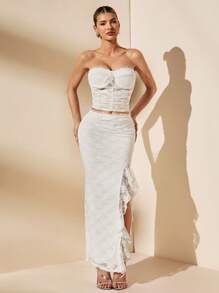 SHEIN BAE White,Summer,Elegant,Seductive,Wedding Bridal Solid Ruffle Lace See-Through Tube Top And Skirt Set,Beach Vacation Night Out Cocktail Party Clothing - White - View 7