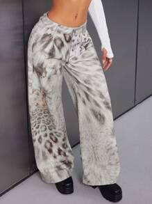 SHEIN Unity Women's Loose Fit Floral Leopard Print Wide Leg Casual Jeans, Versatile For All Seasons - Multicolor - View 5