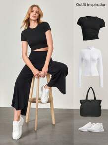 GLOWMODE 23 英寸莫代尔丝滑高腰阔腿喇叭裤日常休闲装 - 黑色 - 查看 7