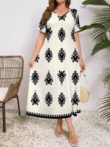 EMERY ROSE Versatile Casual Retro Floral Printed Loose Plus Size Women V-Neck Short Sleeve Dress, Suitable For Summer Suitable For Going Out Chic Dress,Flower/Vacation/Spring - Black and White - View 4