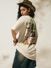 Easelle Áo thun họa tiết bốt cao bồi cổ điển màu mơ đậm phong cách miền Tây dành cho nữ mới 2025, thích hợp cho các lễ hội âm nhạc mùa hè - Màu be - Xem 4