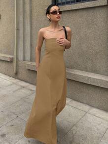 DAZY Solid Sleeveless Dress, Elegant Long Dress For Women, Suitable For Spring And Summer Vacation Sundress Linen - Khaki - View 5