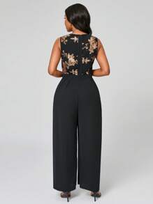 Lyxana Women's Elegant Lace Sequins Jumpsuit, Casual Holiday Wear