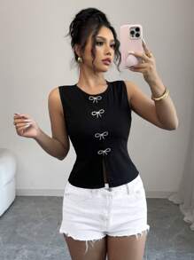 Elenzga 女士新款蝴蝶结装饰针织背心，休闲时尚春夏 - 黑色 - 查看 1