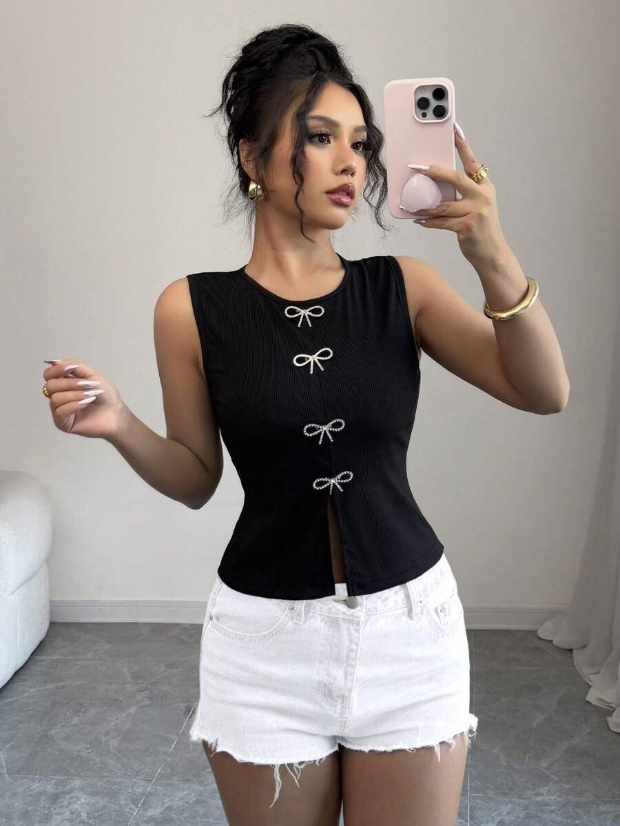Elenzga 女士新款蝴蝶结装饰针织背心，休闲时尚春夏 - 黑色 - 查看 1