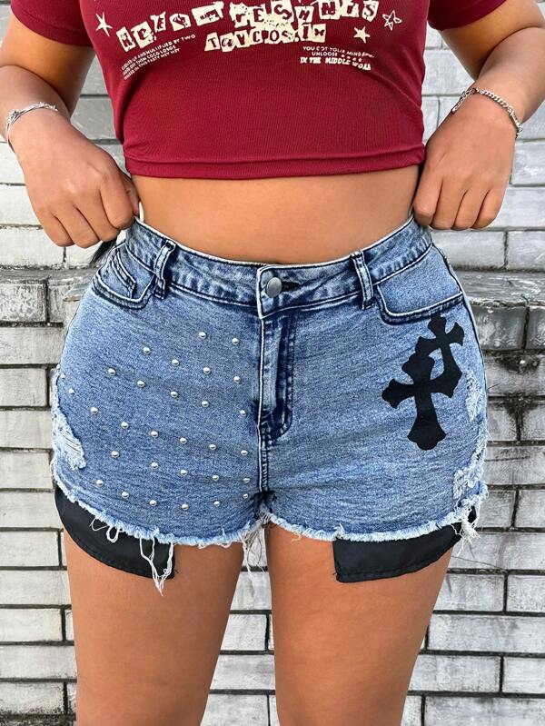 SHEIN ICON Plus Size Women's Cross Design Stud Embellished Distressed Pockets Denim Shorts