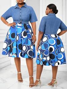 SHEIN Lady Plus Size Denim Patchwork Printed Fabric Knee-Length Dress With Belt Easter Saint Patrick Spring Break - Medium Wash - View 1