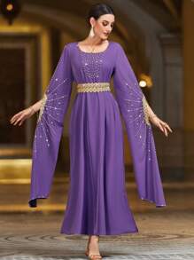 Layrah Elegant Rhinestone Embellished Purple Long Sleeve Turkish Style Dress For Party Kaftan Jalabiya Dress - Purple - View 7