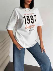 EURMUSE 女士字母图案短袖 T 恤正面印有文字外出 - 奶油色 - 查看 3