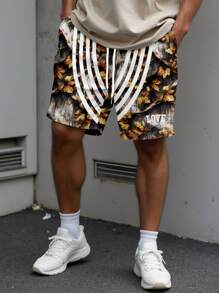 Manfinity EMRG Men's Leaf Print Contrast Striped Drawstring Waist Casual Shorts - Multicolor - View 1