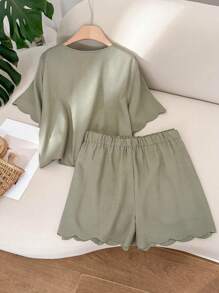 CosyJoli 加大码贝壳边系带袖衬衫和短裤套装，度假休闲女装两件套夏季 - 綠色 - 查看 2