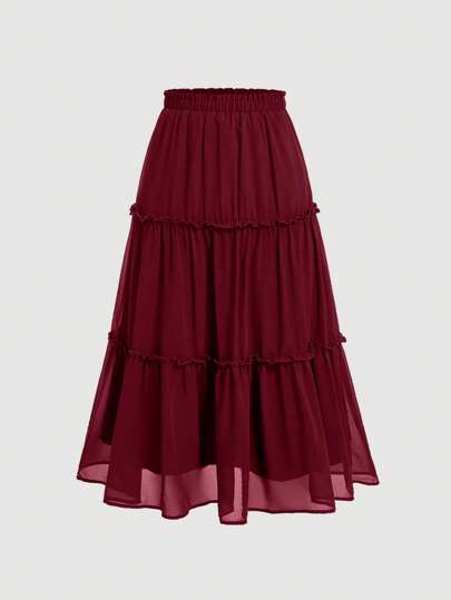 SHEIN MOD Ruffle Skirt Boho Long Skirt Break Paperbag Waist Frill Trim Ruffle Hem Skirt
