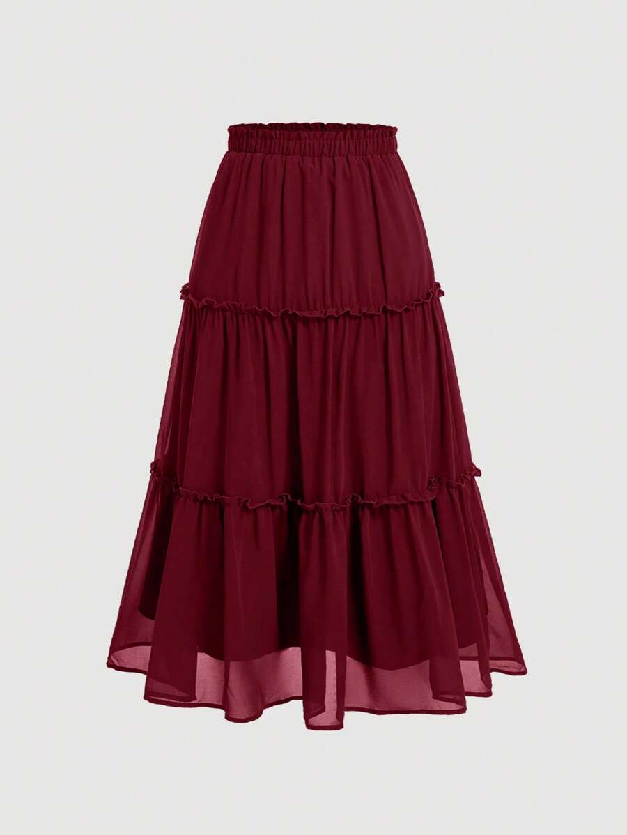 SHEIN MOD Ruffle Skirt Boho Long Skirt Break Paperbag Waist Frill Trim Ruffle Hem Skirt - Burgundy - View 1