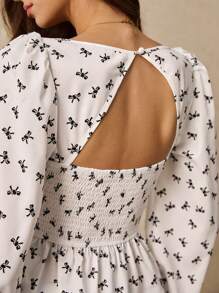 Poéselle Women's Sweetheart Neck Long Sleeve Bow Print Pearl Hem Split Blouse - White - View 6