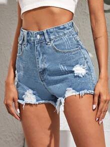 SHEIN EZwear 休闲破洞毛边牛仔短裤