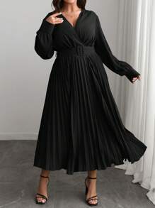 Elenzga Plus Size Women's V-Neck Solid Color A-Line Long Sleeve Dress, Elegant Office & Casual, With Waist Belt, Suitable For Spring, Autumn & Winter, For Christmas Maxi Women Outfit Fall Cloth For Women - Black - View 5