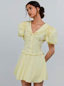 Athîral Women Solid Color Frill Trim Puff Sleeve Single Breasted Fashion Mini Dress,Butter Yellow - Yellow - View 3
